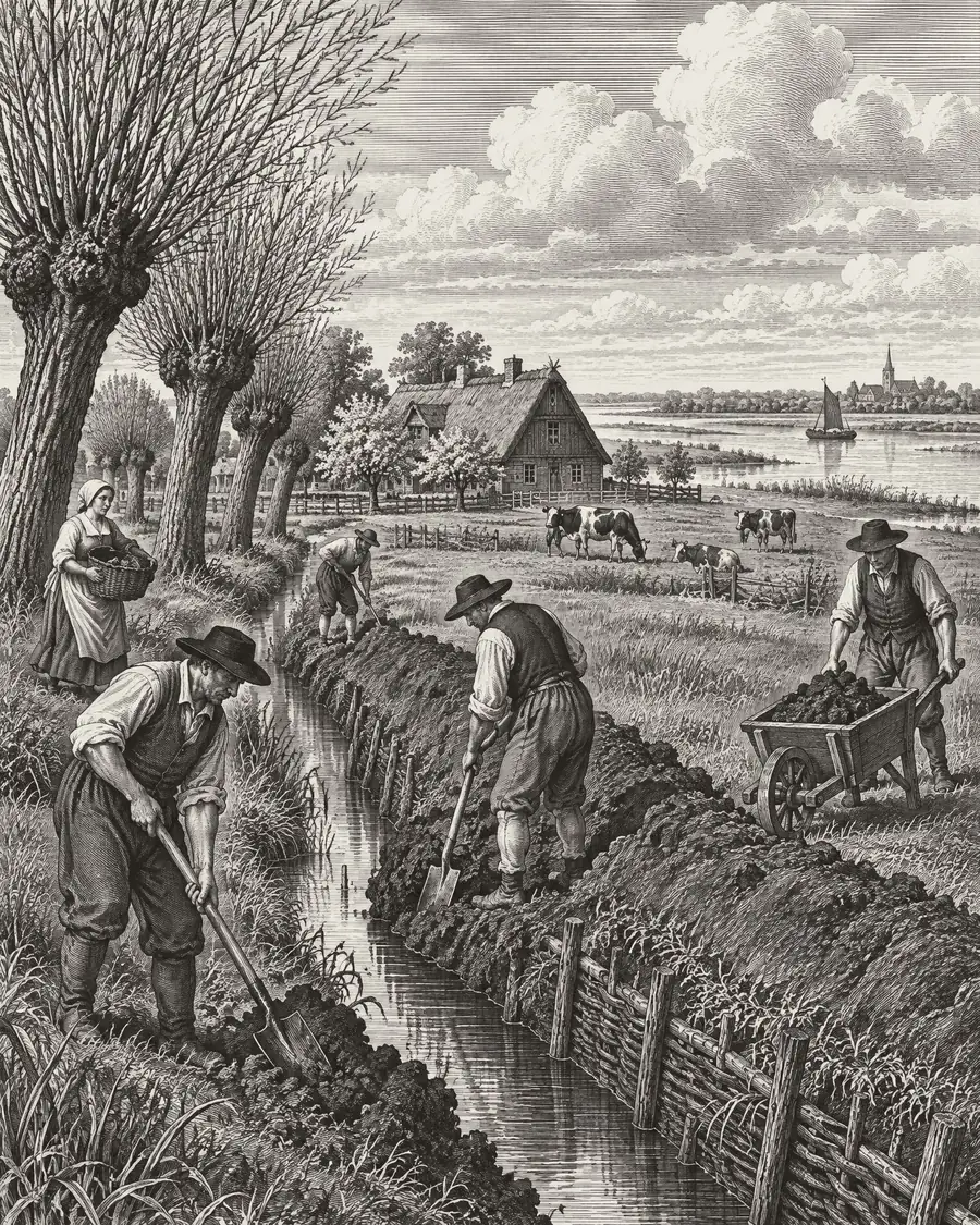 Drzeworyt: olenderscy osadnicy kopią rów melioracyjny nad Wisłą, w tle dom i krowy